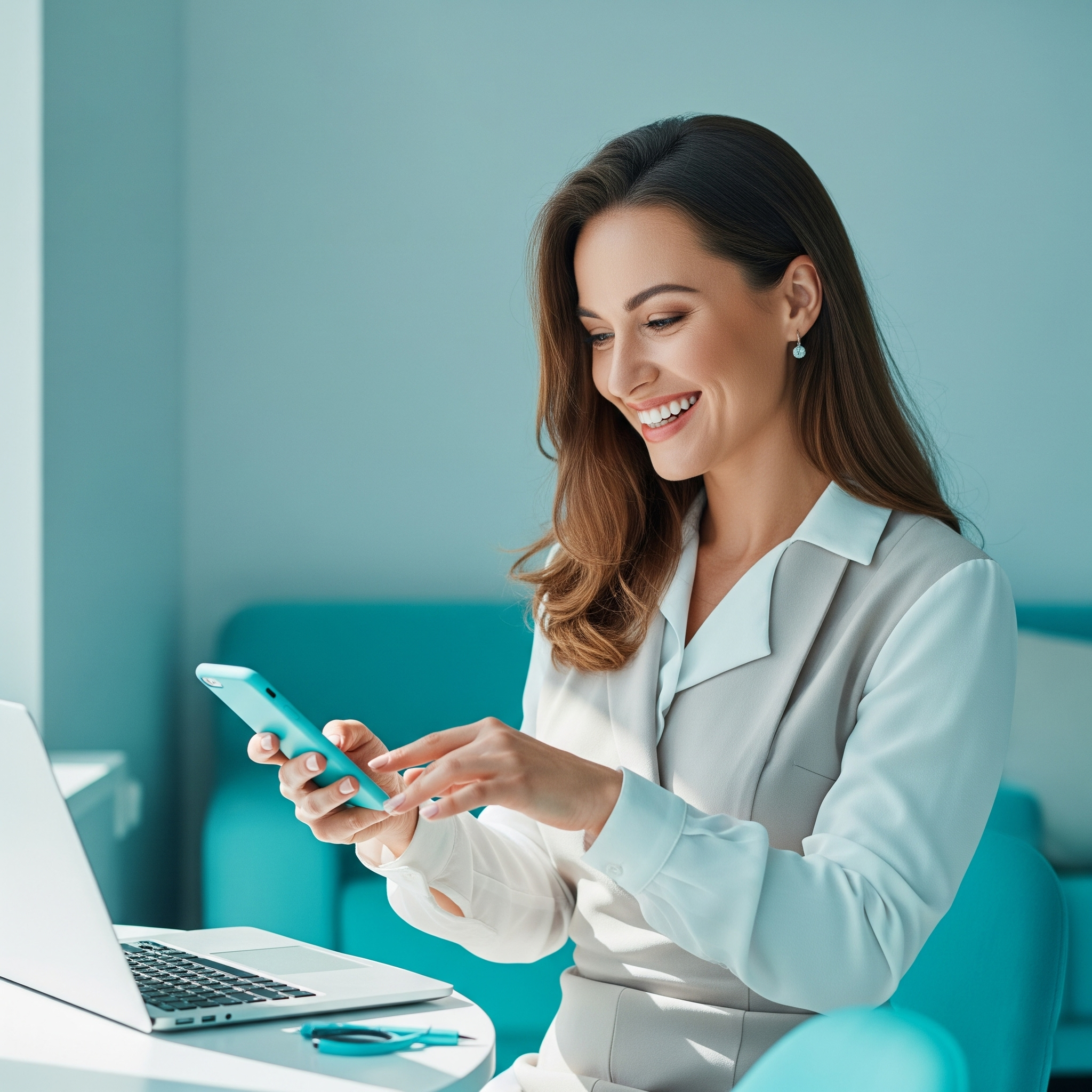 Mulher feliz e bem vestida utilizando um celular e laptop ao acessar o Webmail Meumail